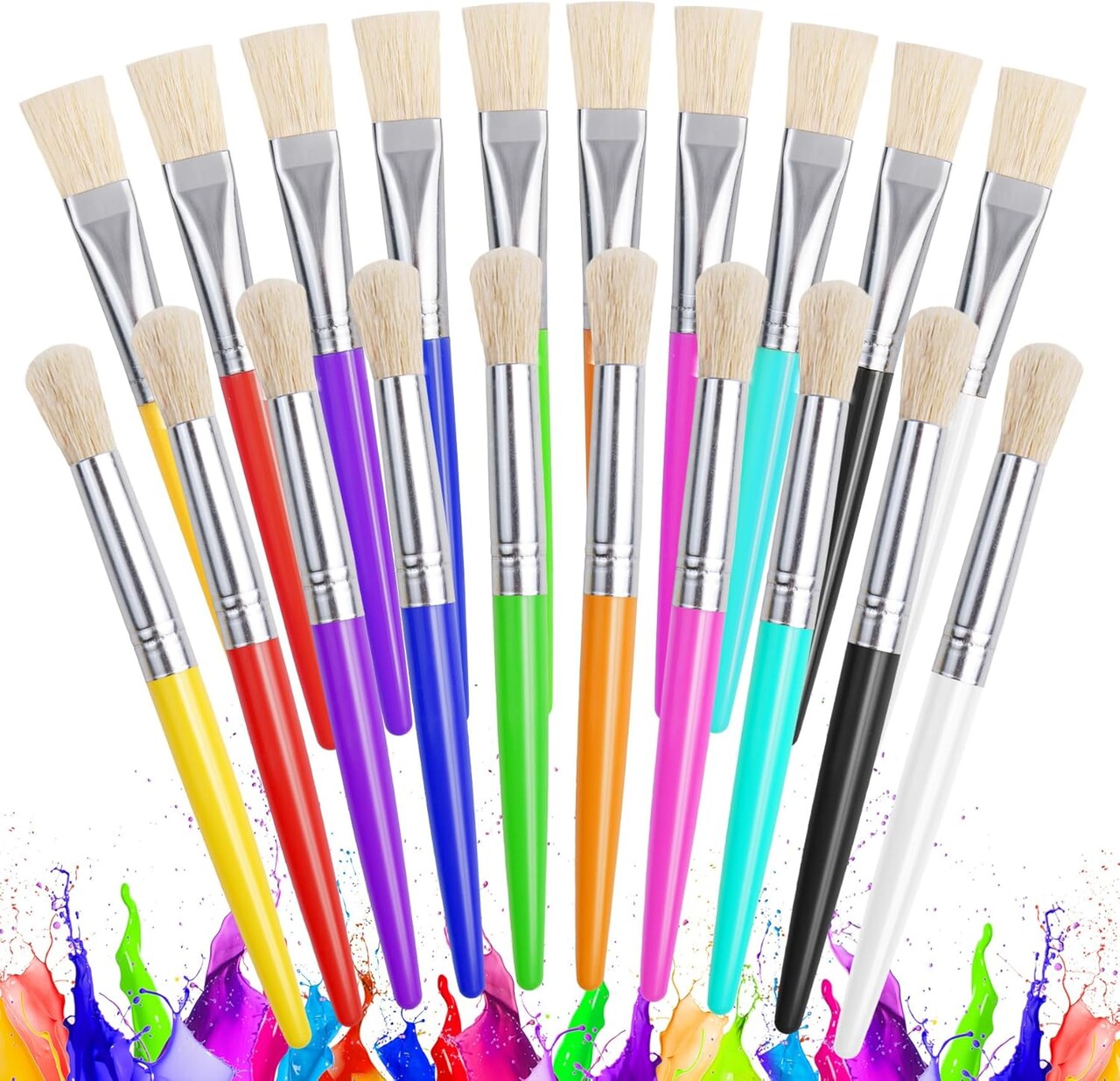 Paint Brushes for Kids, 20 Pcs Round/Flat Large Kids Paint Brushes, Easy to Clean & Grip Washable No Shed Hog Bristle Toddler Paint Brushes Paintbrushes Kids for Watercolor, Acrylic, Gouache